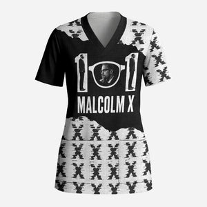 Malcolm X 101 Years Of Resistance Scrub Top Civil Rights Leader Portrait - Monochrome X Pattern