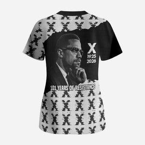Malcolm X 101 Years Of Resistance Scrub Top Civil Rights Leader Portrait - Monochrome X Pattern