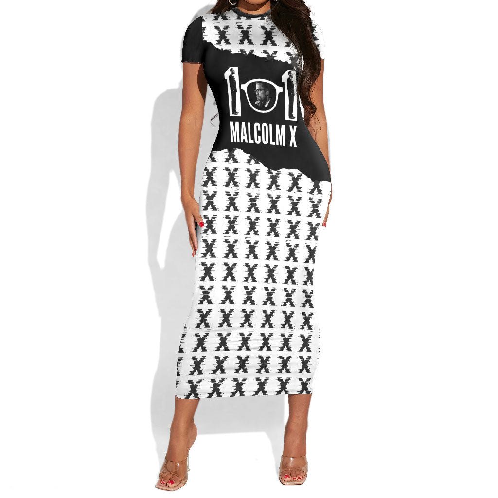 Malcolm X 101 Years Of Resistance Short Sleeve Bodycon Dress Civil Rights Leader Portrait - Monochrome X Pattern