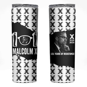 Malcolm X 101 Years Of Resistance Skinny Tumbler Civil Rights Leader Portrait - Monochrome X Pattern