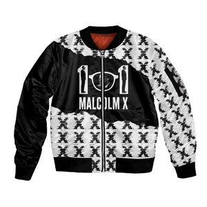 Malcolm X 101 Years Of Resistance Sleeve Zip Bomber Jacket Civil Rights Leader Portrait - Monochrome X Pattern