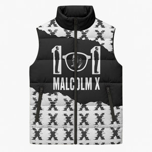 Malcolm X 101 Years Of Resistance Sleeveless Puffer Jacket Civil Rights Leader Portrait - Monochrome X Pattern