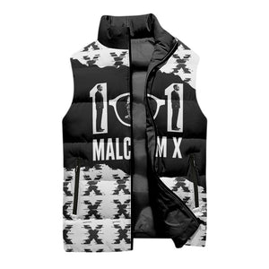 Malcolm X 101 Years Of Resistance Sleeveless Puffer Jacket Civil Rights Leader Portrait - Monochrome X Pattern