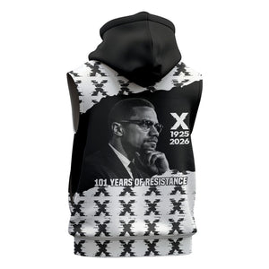 Malcolm X 101 Years Of Resistance Sleeveless Zip Hoodie Civil Rights Leader Portrait - Monochrome X Pattern