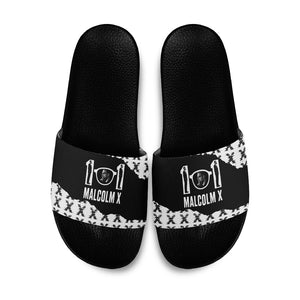 Malcolm X 101 Years Of Resistance Slide Sandals Civil Rights Leader Portrait - Monochrome X Pattern