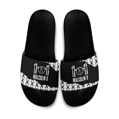 Malcolm X 101 Years Of Resistance Slide Sandals Civil Rights Leader Portrait - Monochrome X Pattern