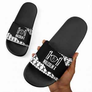Malcolm X 101 Years Of Resistance Slide Sandals Civil Rights Leader Portrait - Monochrome X Pattern