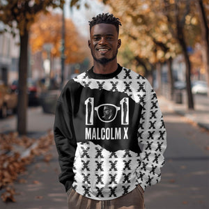 Malcolm X 101 Years Of Resistance Sweatshirt Civil Rights Leader Portrait - Monochrome X Pattern