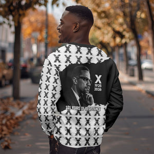 Malcolm X 101 Years Of Resistance Sweatshirt Civil Rights Leader Portrait - Monochrome X Pattern