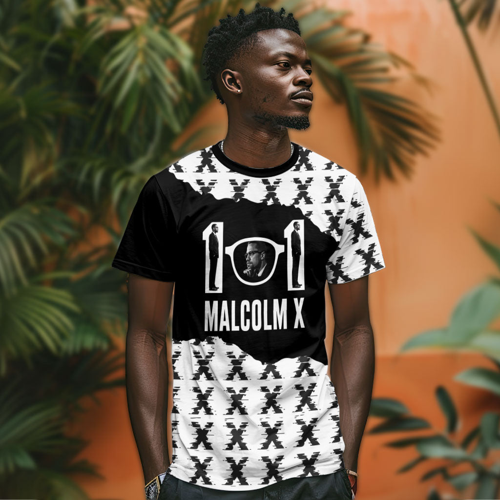 Malcolm X 101 Years Of Resistance T shirt Civil Rights Leader Portrait - Monochrome X Pattern