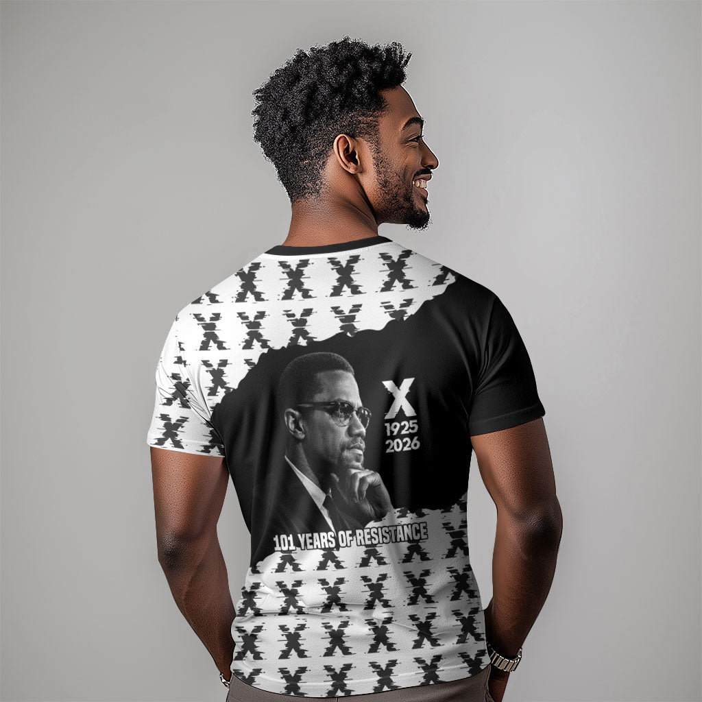 Malcolm X 101 Years Of Resistance T shirt Civil Rights Leader Portrait - Monochrome X Pattern