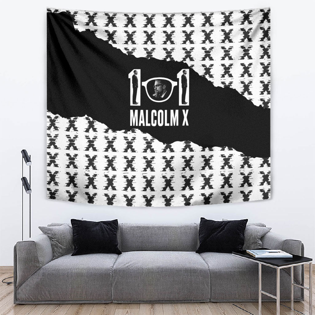 Malcolm X 101 Years Of Resistance Tapestry Civil Rights Leader Portrait - Monochrome X Pattern