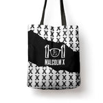 Malcolm X 101 Years Of Resistance Tote Bag Civil Rights Leader Portrait - Monochrome X Pattern