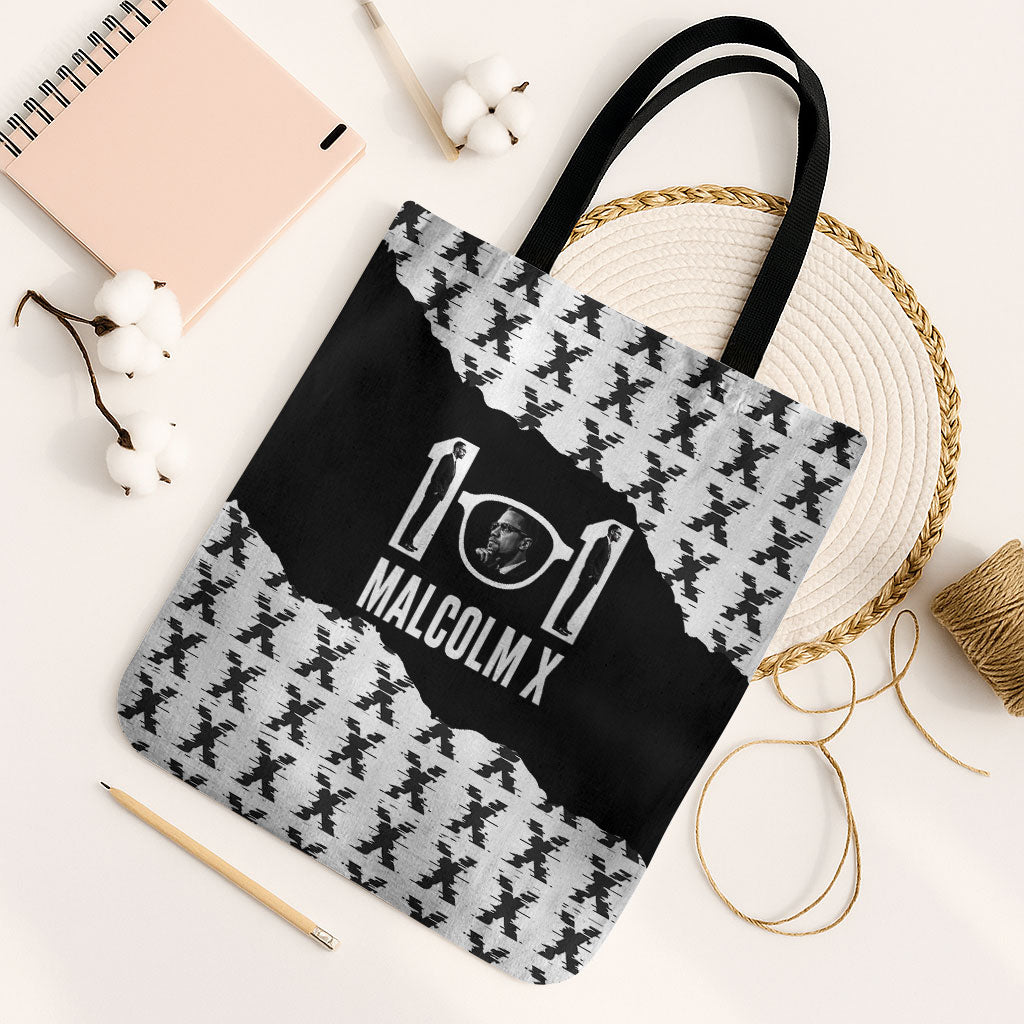 Malcolm X 101 Years Of Resistance Tote Bag Civil Rights Leader Portrait - Monochrome X Pattern