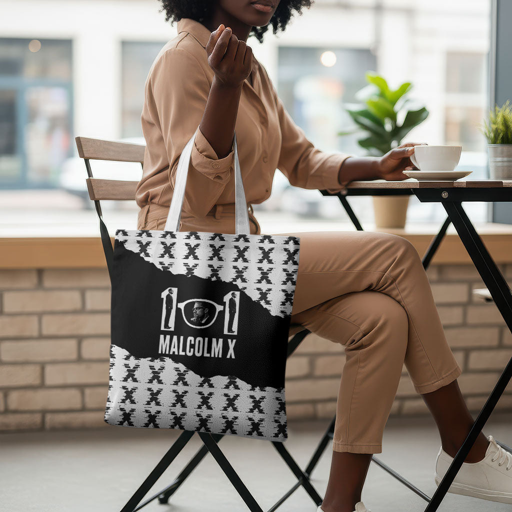 Malcolm X 101 Years Of Resistance Tote Bag Civil Rights Leader Portrait - Monochrome X Pattern