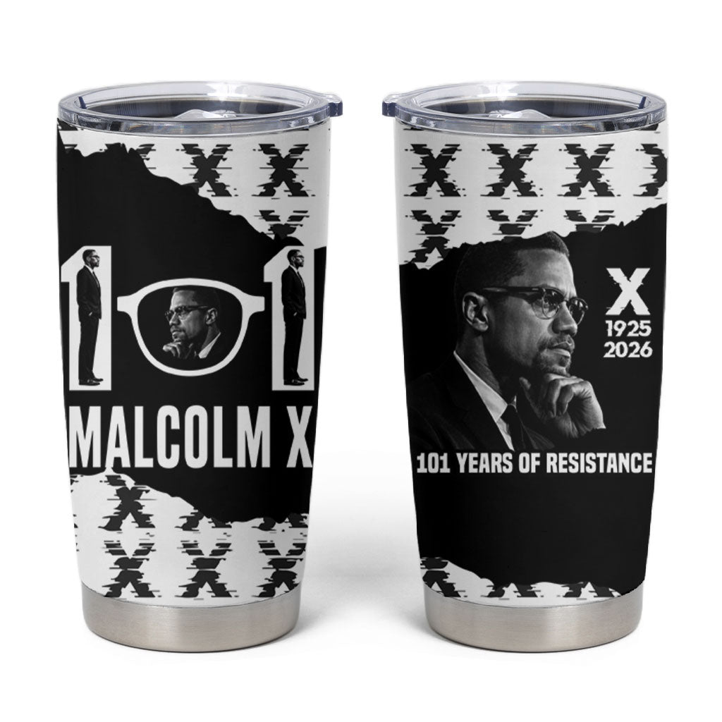 Malcolm X 101 Years Of Resistance Tumbler Cup Civil Rights Leader Portrait - Monochrome X Pattern