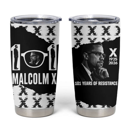 Malcolm X 101 Years Of Resistance Tumbler Cup Civil Rights Leader Portrait - Monochrome X Pattern