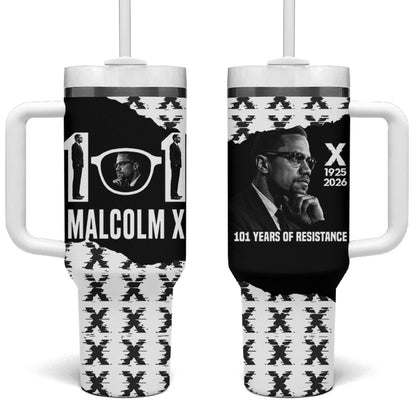 Malcolm X 101 Years Of Resistance Tumbler With Handle Civil Rights Leader Portrait - Monochrome X Pattern