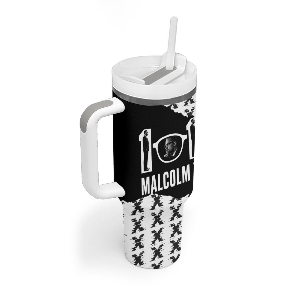 Malcolm X 101 Years Of Resistance Tumbler With Handle Civil Rights Leader Portrait - Monochrome X Pattern