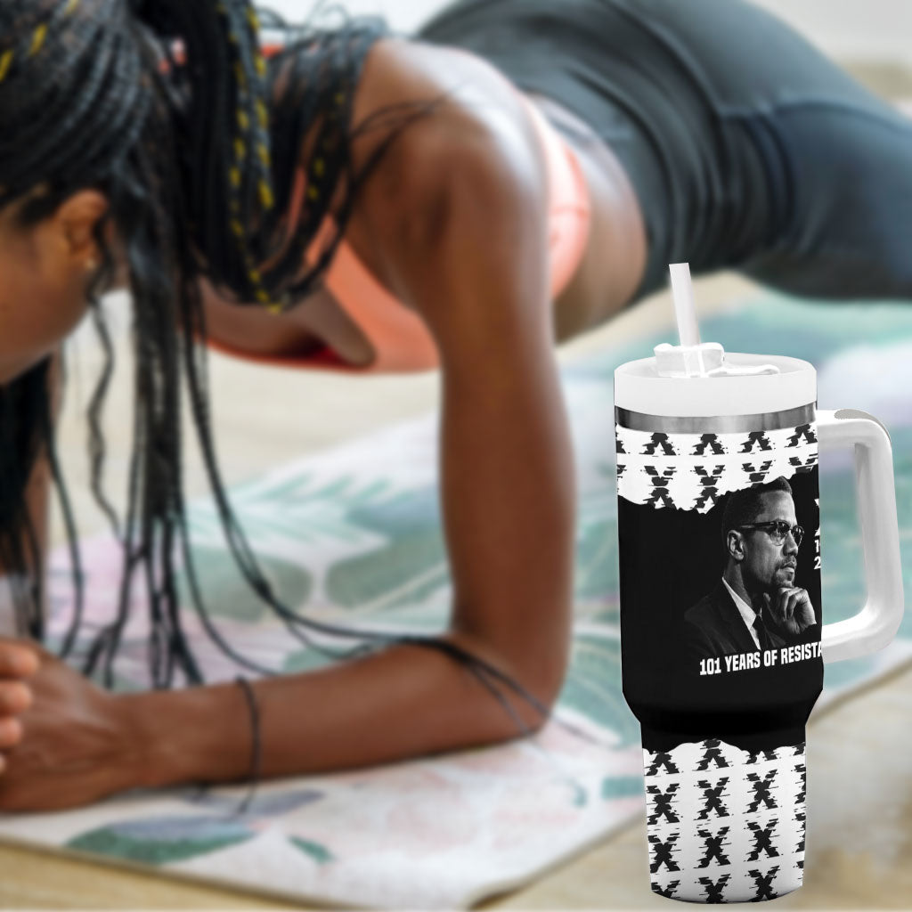 Malcolm X 101 Years Of Resistance Tumbler With Handle Civil Rights Leader Portrait - Monochrome X Pattern