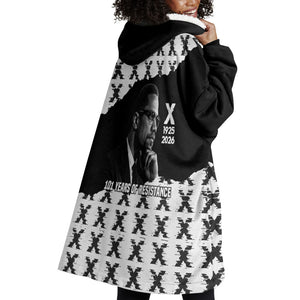 Malcolm X 101 Years Of Resistance Wearable Blanket Hoodie Civil Rights Leader Portrait - Monochrome X Pattern