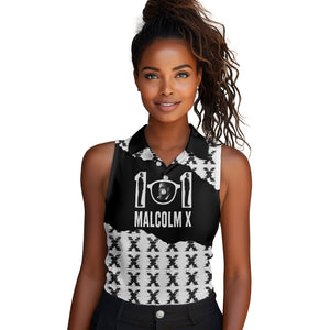 Malcolm X 101 Years Of Resistance Women Sleeveless Polo Shirt Civil Rights Leader Portrait - Monochrome X Pattern