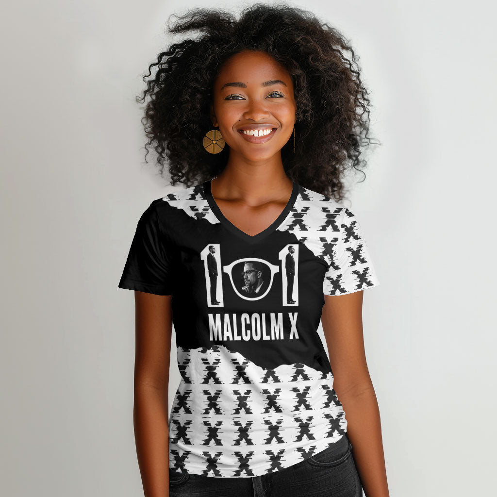 Malcolm X 101 Years Of Resistance Women V-Neck T-Shirt Civil Rights Leader Portrait - Monochrome X Pattern