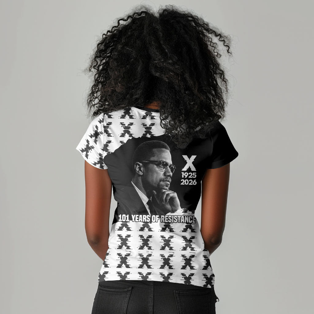 Malcolm X 101 Years Of Resistance Women V-Neck T-Shirt Civil Rights Leader Portrait - Monochrome X Pattern