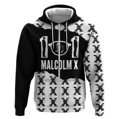 Malcolm X 101 Years Of Resistance Zip Hoodie Civil Rights Leader Portrait - Monochrome X Pattern