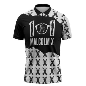 Malcolm X 101 Years Of Resistance Zipper Polo Shirt Civil Rights Leader Portrait - Monochrome X Pattern