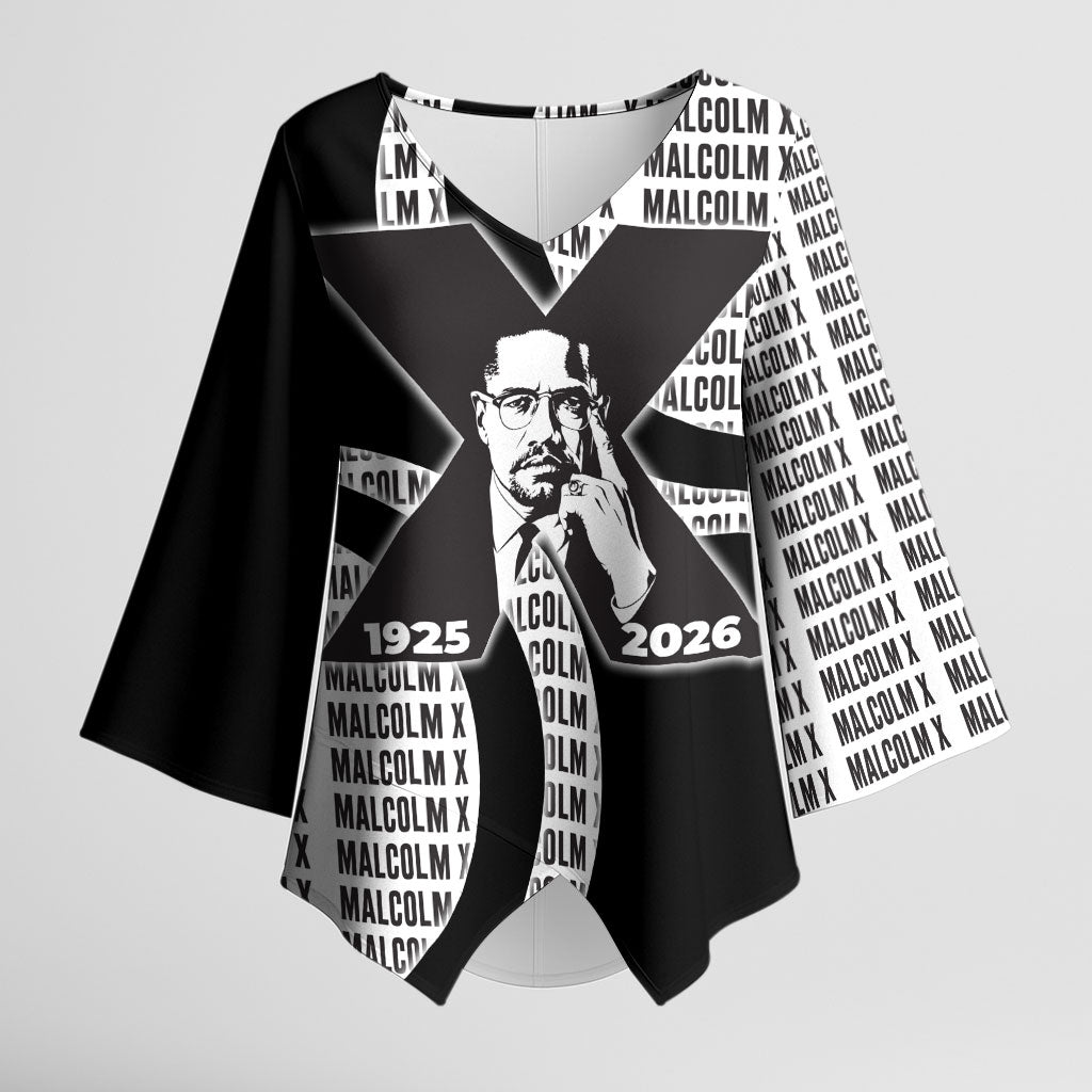 Malcolm X Legacy 1925-2026 Kimono Sleeve Blouse African American Heritage - Iconic Portrait Silhouette