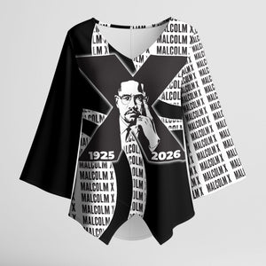 Malcolm X Legacy 1925-2026 Kimono Sleeve Blouse African American Heritage - Iconic Portrait Silhouette