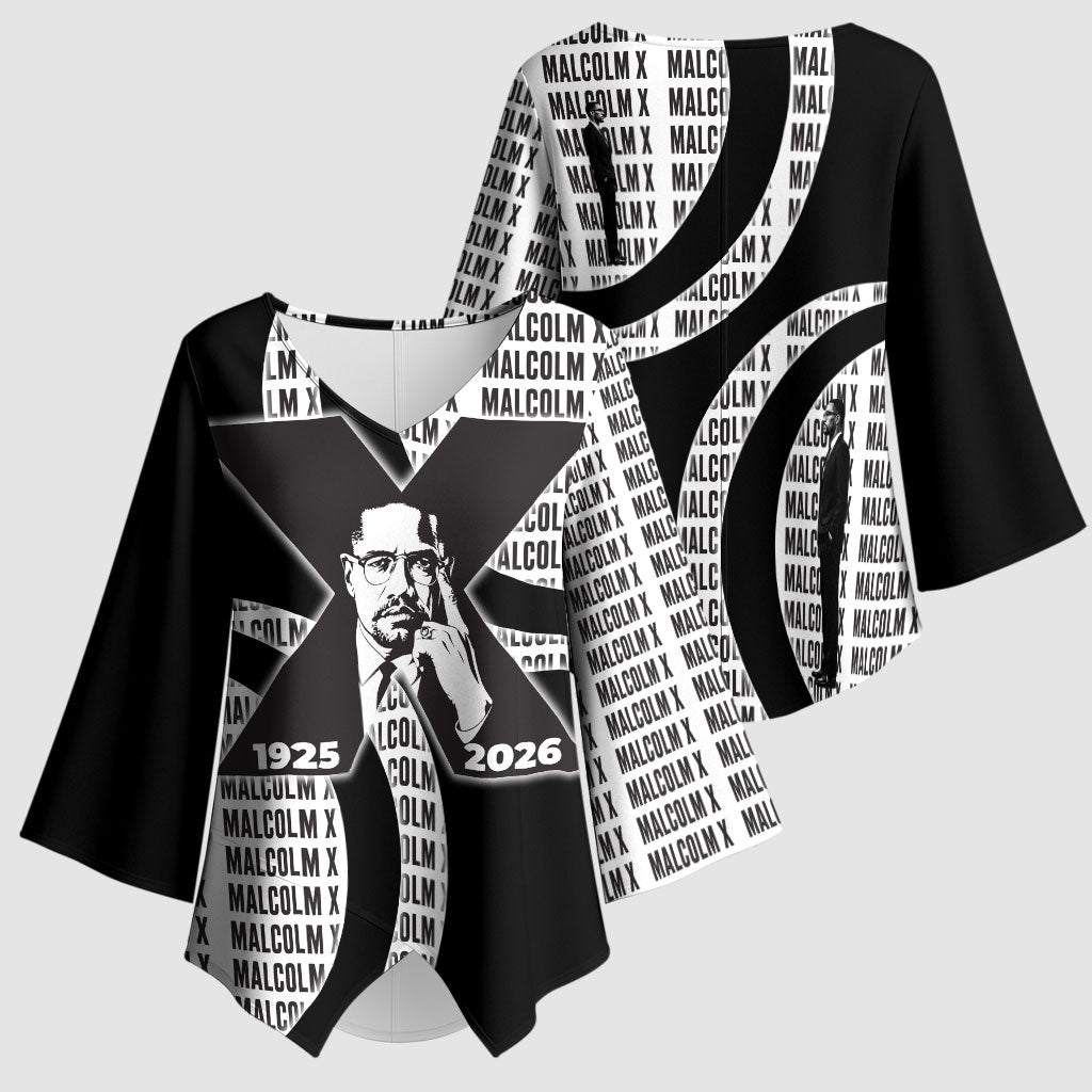 Malcolm X Legacy 1925-2026 Kimono Sleeve Blouse African American Heritage - Iconic Portrait Silhouette