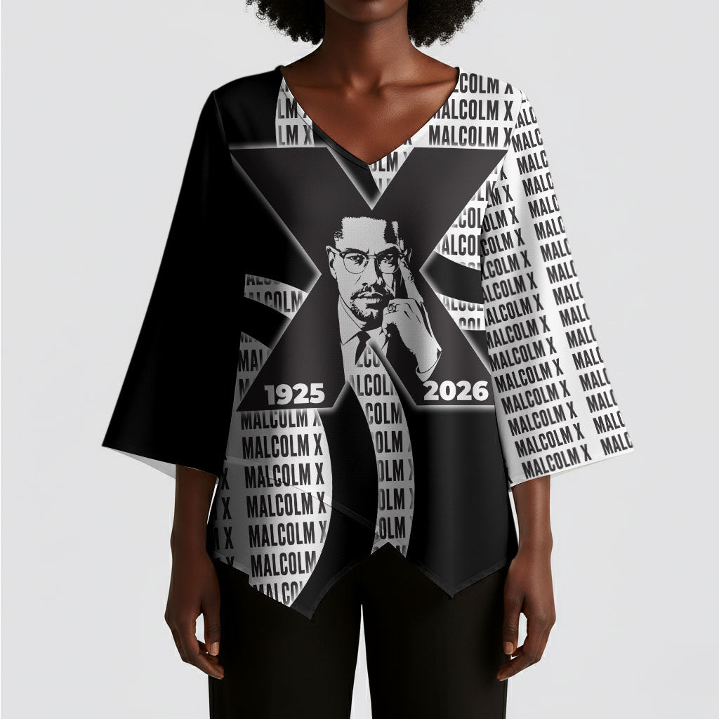 Malcolm X Legacy 1925-2026 Kimono Sleeve Blouse African American Heritage - Iconic Portrait Silhouette