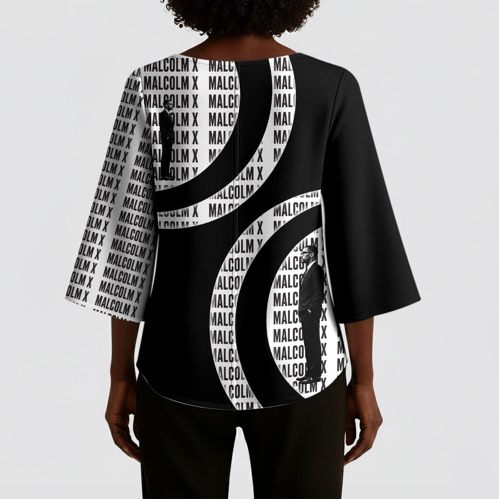 Malcolm X Legacy 1925-2026 Kimono Sleeve Blouse African American Heritage - Iconic Portrait Silhouette