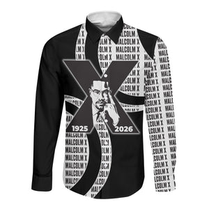 Malcolm X Legacy 1925-2026 Long Sleeve Button Shirt African American Heritage - Iconic Portrait Silhouette