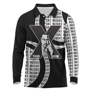 Malcolm X Legacy 1925-2026 Long Sleeve Polo Shirt African American Heritage - Iconic Portrait Silhouette