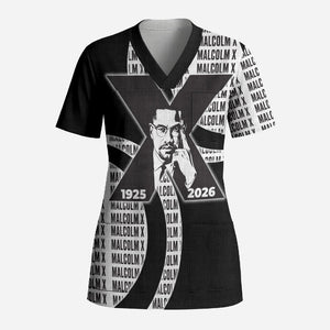 Malcolm X Legacy 1925-2026 Scrub Top African American Heritage - Iconic Portrait Silhouette