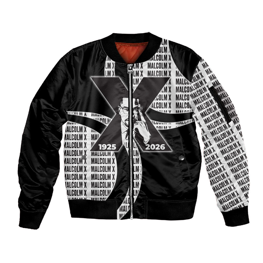 Malcolm X Legacy 1925-2026 Sleeve Zip Bomber Jacket African American Heritage - Iconic Portrait Silhouette