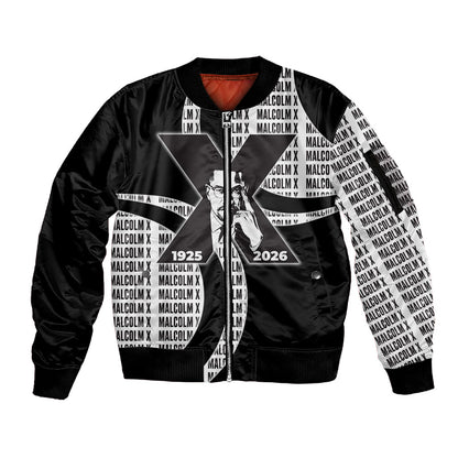 Malcolm X Legacy 1925-2026 Sleeve Zip Bomber Jacket African American Heritage - Iconic Portrait Silhouette