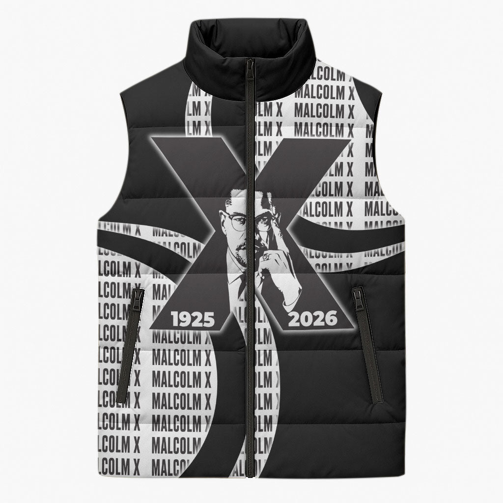 Malcolm X Legacy 1925-2026 Sleeveless Puffer Jacket African American Heritage - Iconic Portrait Silhouette