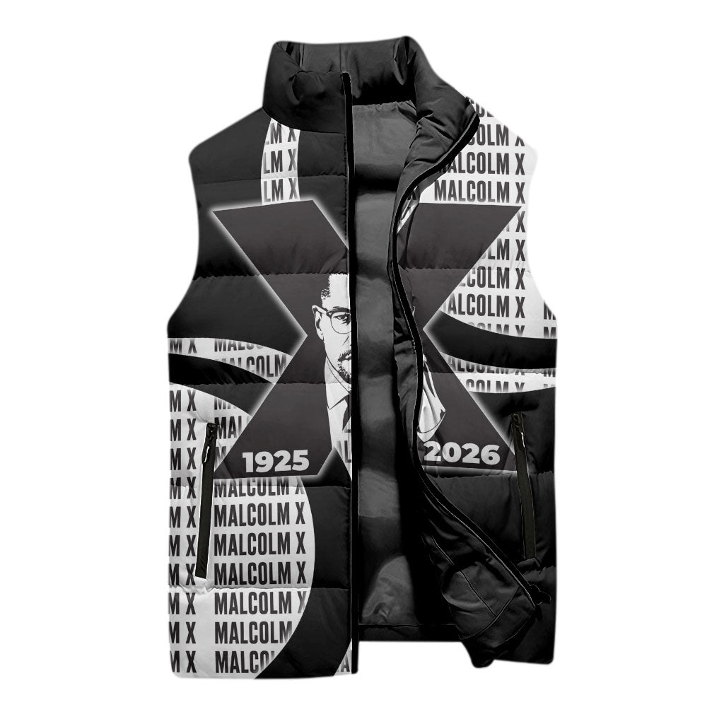 Malcolm X Legacy 1925-2026 Sleeveless Puffer Jacket African American Heritage - Iconic Portrait Silhouette