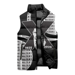 Malcolm X Legacy 1925-2026 Sleeveless Puffer Jacket African American Heritage - Iconic Portrait Silhouette