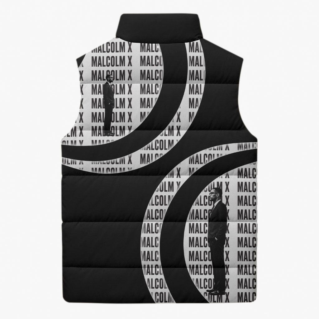Malcolm X Legacy 1925-2026 Sleeveless Puffer Jacket African American Heritage - Iconic Portrait Silhouette