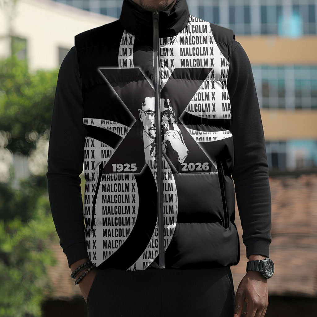 Malcolm X Legacy 1925-2026 Sleeveless Puffer Jacket African American Heritage - Iconic Portrait Silhouette