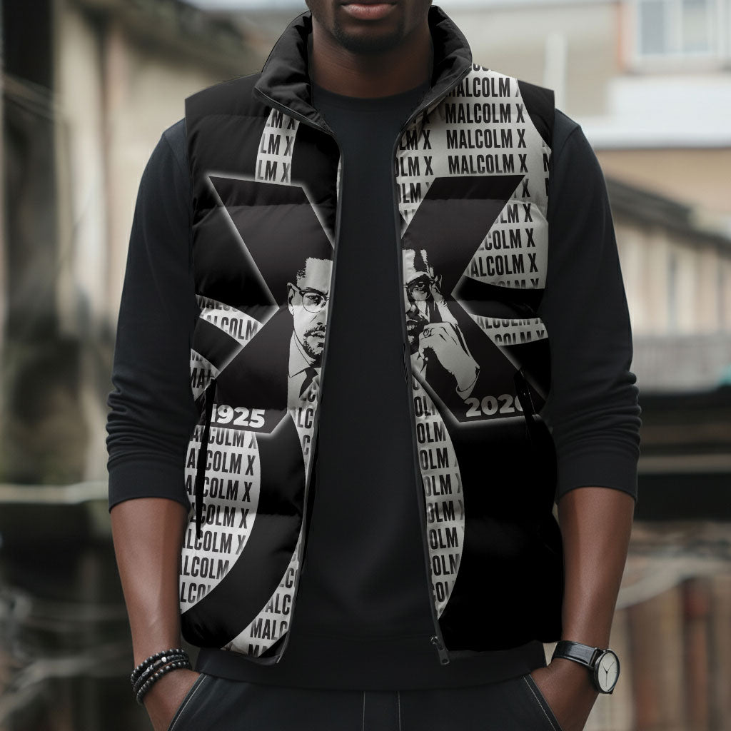 Malcolm X Legacy 1925-2026 Sleeveless Puffer Jacket African American Heritage - Iconic Portrait Silhouette