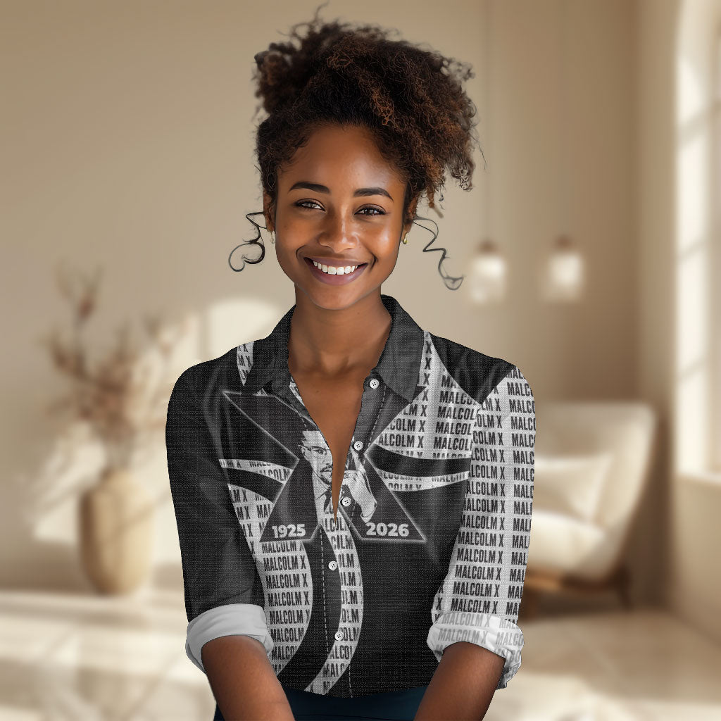 Malcolm X Legacy 1925-2026 Women Casual Shirt African American Heritage - Iconic Portrait Silhouette