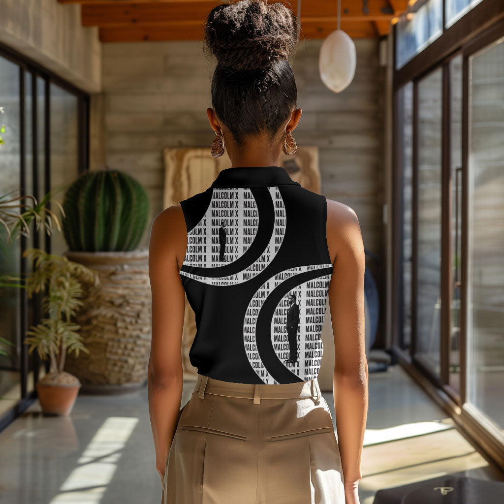 Malcolm X Legacy 1925-2026 Women Sleeveless Polo Shirt African American Heritage - Iconic Portrait Silhouette
