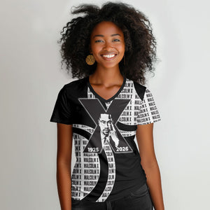 Malcolm X Legacy 1925-2026 Women V-Neck T-Shirt African American Heritage - Iconic Portrait Silhouette