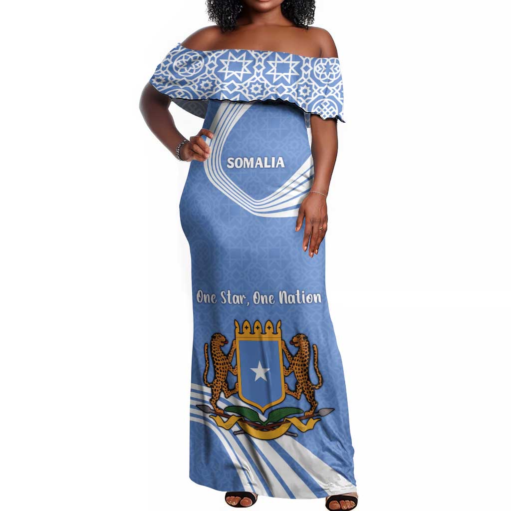 Somalia Off Shoulder Maxi Dress with Coat of Arms One Star One Nation Blue White Spirit